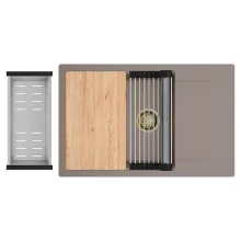 HD Onyx Tortora 78-XL egymedencés gránit mosogatótálca szett, csepegtetőtálcával, vágódeszkával, acél csepegtetőráccsal és kosárral, tortora színben, szálcsiszolt arany leeresztő szifonnal