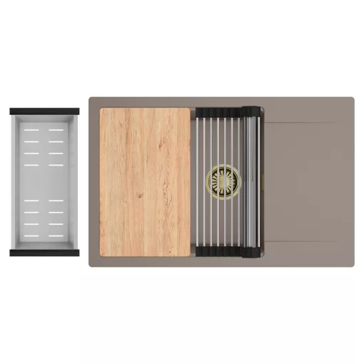 HD Onyx Tortora 78-XL egymedencés gránit mosogatótálca szett, csepegtetőtálcával, vágódeszkával, acél csepegtetőráccsal és kosárral, tortora színben, szálcsiszolt arany leeresztő szifonnal