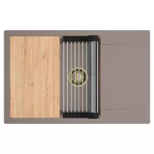 HD Onyx Tortora 78-XL egymedencés gránit mosogatótálca szett, csepegtetőtálcával, vágódeszkával, acél csepegtetőráccsal, tortora színben, szálcsiszolt arany leeresztő szifonnal