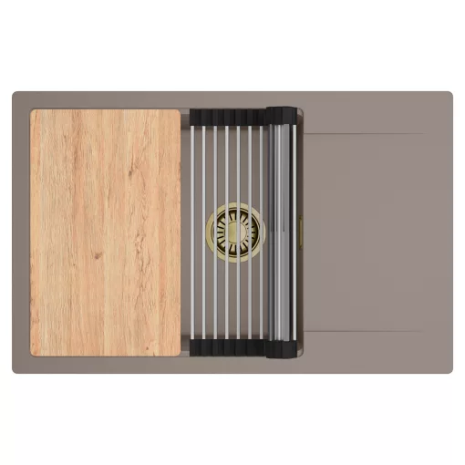 HD Onyx Tortora 78-XL egymedencés gránit mosogatótálca szett, csepegtetőtálcával, vágódeszkával, acél csepegtetőráccsal, tortora színben, szálcsiszolt arany leeresztő szifonnal