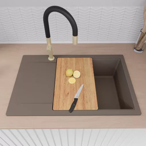 HD Onyx Tortora 78-XL egymedencés gránit mosogatótálca szett, csepegtetőtálcával, vágódeszkával, acél csepegtetőráccsal, tortora színben, szálcsiszolt arany leeresztő szifonnal