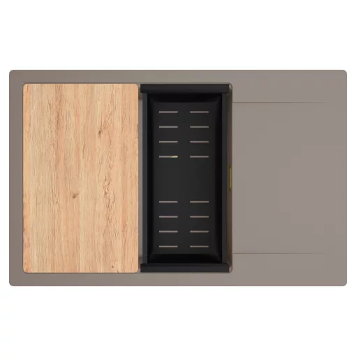 HD Onyx Tortora 78-XL egymedencés gránit mosogatótálca szett, csepegtetőtálcával, vágódeszkával, matt fekete csepegtetőkosárral, tortora színben, szálcsiszolt arany leeresztő szifonnal