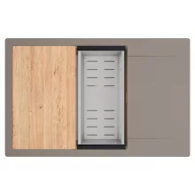 HD Onyx Tortora 78-XL egymedencés gránit mosogatótálca szett, csepegtetőtálcával, vágódeszkával, acél csepegtetőkosárral, tortora színben, szálcsiszolt arany leeresztő szifonnal