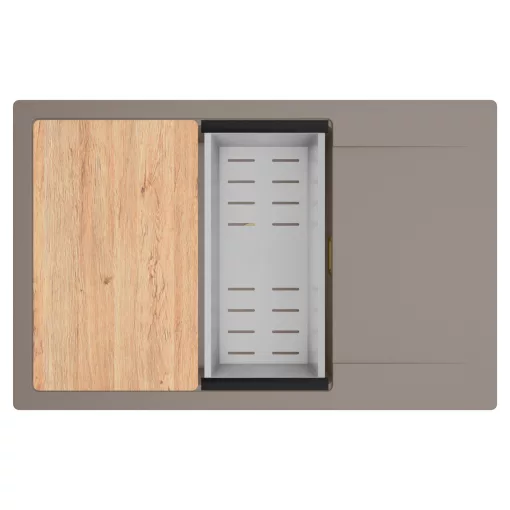 HD Onyx Tortora 78-XL egymedencés gránit mosogatótálca szett, csepegtetőtálcával, vágódeszkával, acél csepegtetőkosárral, tortora színben, szálcsiszolt arany leeresztő szifonnal