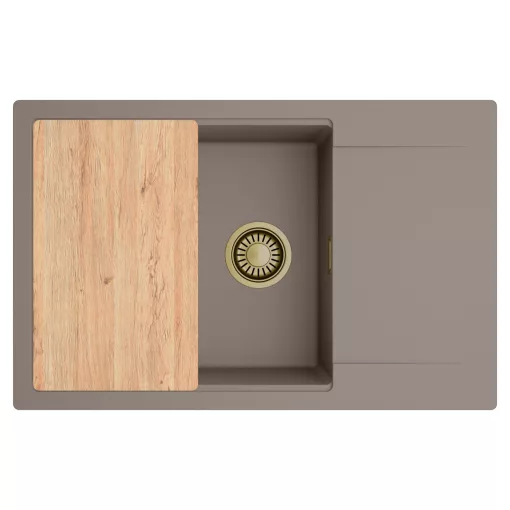 HD Onyx Tortora 78-XL egymedencés gránit mosogatótálca, vágódeszkával, tortora színben, szálcsiszolt arany leeresztő szifonnal