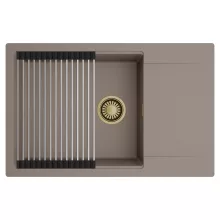 HD Onyx Tortora 78-XL egymedencés mosogatótálca szett, acél csepegtetőráccsal, csepegtetőtálcával, tortora színben, szálcsiszolt arany leeresztő szifonnal