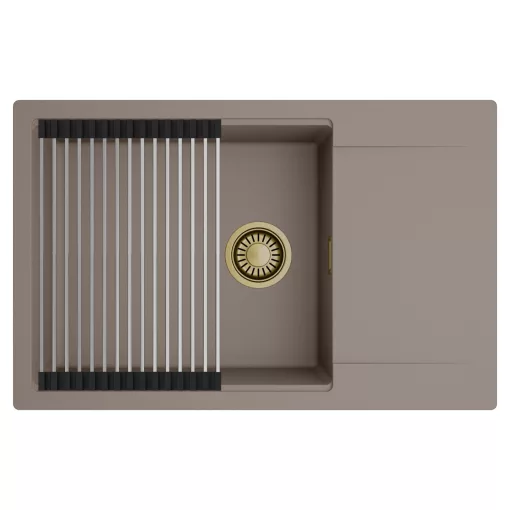 HD Onyx Tortora 78-XL egymedencés mosogatótálca szett, acél csepegtetőráccsal, csepegtetőtálcával, tortora színben, szálcsiszolt arany leeresztő szifonnal