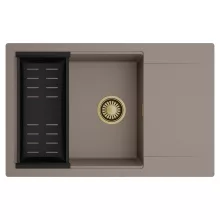 HD Onyx Tortora 78-XL egymedencés mosogatótálca szett, matt fekete csepegtetőkosárral, csepegtetőtálcával, tortora színben, szálcsiszolt arany leeresztő szifonnal