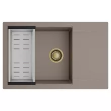 HD Onyx Tortora 78-XL egymedencés mosogatótálca szett, acél csepegtetőkosárral, csepegtetőtálcával, tortora színben, szálcsiszolt arany leeresztő szifonnal