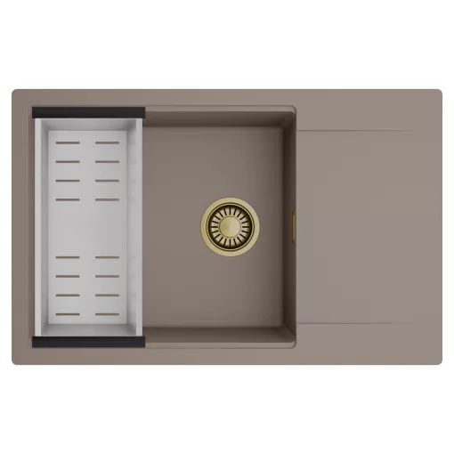 HD Onyx Tortora 78-XL egymedencés mosogatótálca szett, acél csepegtetőkosárral, csepegtetőtálcával, tortora színben, szálcsiszolt arany leeresztő szifonnal