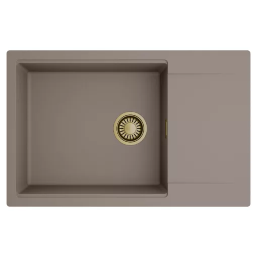 HD Onyx Tortora 78-XL egymedencés mosogatótálca, csepegtetőtálcával, tortora színben, szálcsiszolt arany leeresztő szifonnal