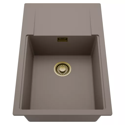 HD Onyx Tortora 78-XL egymedencés mosogatótálca, csepegtetőtálcával, tortora színben, szálcsiszolt arany leeresztő szifonnal