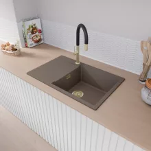 HD Onyx Tortora 78-XL egymedencés mosogatótálca, csepegtetőtálcával, tortora színben, szálcsiszolt arany leeresztő szifonnal