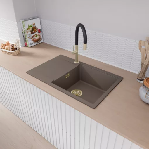 HD Onyx Tortora 78-XL egymedencés mosogatótálca, csepegtetőtálcával, tortora színben, szálcsiszolt arany leeresztő szifonnal