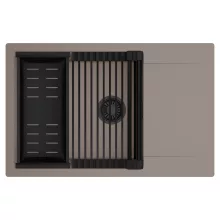 HD Onyx Tortora 78-XL egymedencés mosogatótálca szett, matt fekete csepegtetőráccsal és kosárral, csepegtetőtálcával, tortora színben, matt fekete leeresztő szifonnal