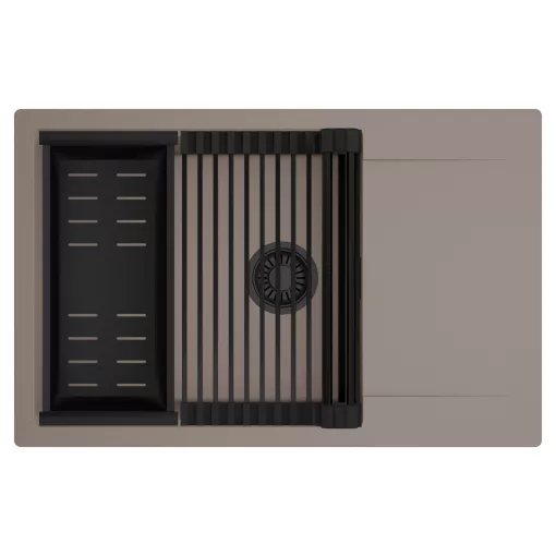 HD Onyx Tortora 78-XL egymedencés mosogatótálca szett, matt fekete csepegtetőráccsal és kosárral, csepegtetőtálcával, tortora színben, matt fekete leeresztő szifonnal