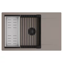 HD Onyx Tortora 78-XL egymedencés mosogatótálca szett, matt fekete csepegtetőráccsal és krómozott kosárral, csepegtetőtálcával, tortora színben, matt fekete leeresztő szifonnal