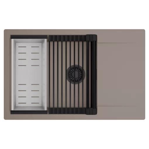 HD Onyx Tortora 78-XL egymedencés mosogatótálca szett, matt fekete csepegtetőráccsal és krómozott kosárral, csepegtetőtálcával, tortora színben, matt fekete leeresztő szifonnal