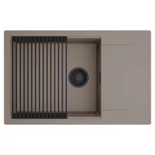 HD Onyx Tortora 78-XL egymedencés mosogatótálca szett, matt fekete csepegtetőráccsal, csepegtetőtálcával, tortora színben, matt fekete leeresztő szifonnal