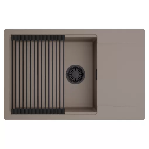 HD Onyx Tortora 78-XL egymedencés mosogatótálca szett, matt fekete csepegtetőráccsal, csepegtetőtálcával, tortora színben, matt fekete leeresztő szifonnal