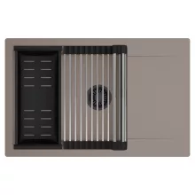 HD Onyx Tortora 78-XL egymedencés mosogatótálca szett, acél csepegtetőráccsal és matt fekete kosárral, csepegtetőtálcával, tortora színben, matt fekete leeresztő szifonnal