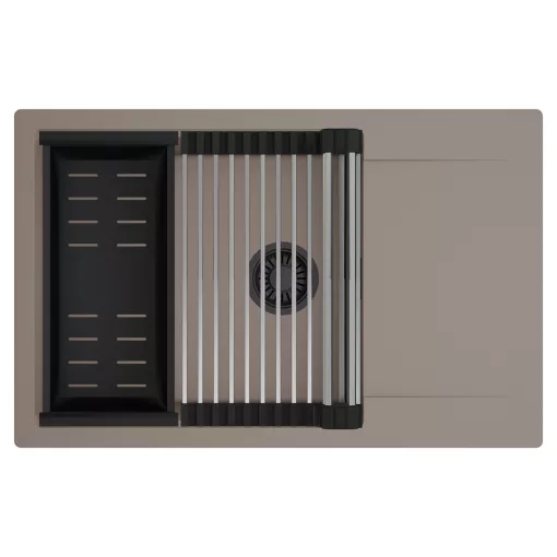 HD Onyx Tortora 78-XL egymedencés mosogatótálca szett, acél csepegtetőráccsal és matt fekete kosárral, csepegtetőtálcával, tortora színben, matt fekete leeresztő szifonnal