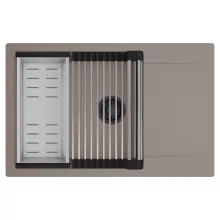 HD Onyx Tortora 78-XL egymedencés mosogatótálca szett, acél csepegtetőráccsal és kosárral, csepegtetőtálcával, tortora színben, matt fekete leeresztő szifonnal