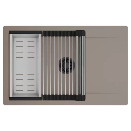 HD Onyx Tortora 78-XL egymedencés mosogatótálca szett, acél csepegtetőráccsal és kosárral, csepegtetőtálcával, tortora színben, matt fekete leeresztő szifonnal