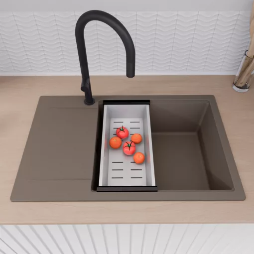 HD Onyx Tortora 78-XL egymedencés mosogatótálca szett, acél csepegtetőráccsal és kosárral, csepegtetőtálcával, tortora színben, matt fekete leeresztő szifonnal