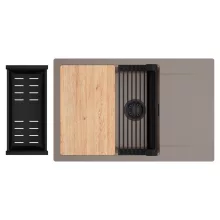 HD Onyx Tortora 78-XL egymedencés gránit mosogatótálca szett, csepegtetőtálcával, vágódeszkával, matt fekete csepegtetőráccsal és kosárral, tortora színben, matt fekete leeresztő szifonnal