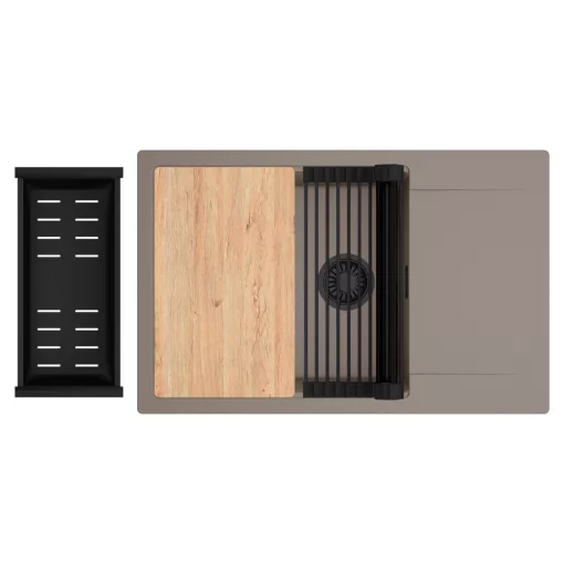 HD Onyx Tortora 78-XL egymedencés gránit mosogatótálca szett, csepegtetőtálcával, vágódeszkával, matt fekete csepegtetőráccsal és kosárral, tortora színben, matt fekete leeresztő szifonnal