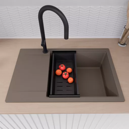 HD Onyx Tortora 78-XL egymedencés gránit mosogatótálca szett, csepegtetőtálcával, vágódeszkával, matt fekete csepegtetőráccsal és kosárral, tortora színben, matt fekete leeresztő szifonnal