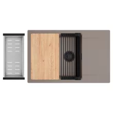 HD Onyx Tortora 78-XL egymedencés gránit mosogatótálca szett, csepegtetőtálcával, vágódeszkával, matt fekete csepegtetőráccsal és krómozott kosárral, tortora színben, matt fekete leeresztő szifonnal