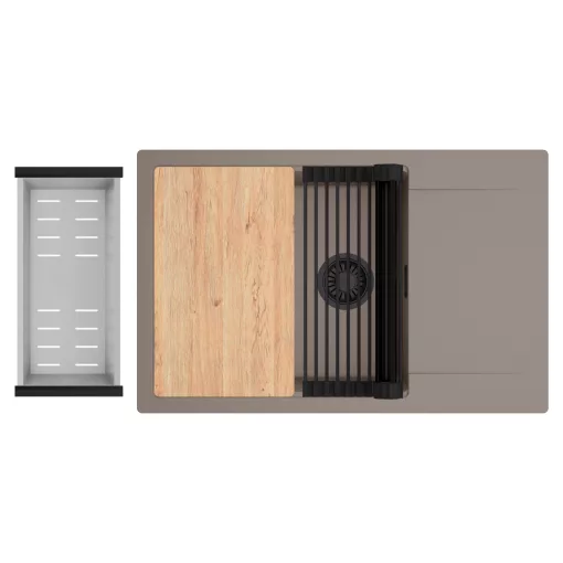 HD Onyx Tortora 78-XL egymedencés gránit mosogatótálca szett, csepegtetőtálcával, vágódeszkával, matt fekete csepegtetőráccsal és krómozott kosárral, tortora színben, matt fekete leeresztő szifonnal