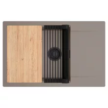 HD Onyx Tortora 78-XL egymedencés gránit mosogatótálca szett, csepegtetőtálcával, vágódeszkával, matt fekete csepegtetőráccsal, tortora színben, matt fekete leeresztő szifonnal