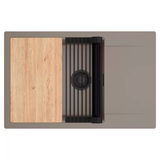 HD Onyx Tortora 78-XL egymedencés gránit mosogatótálca szett, csepegtetőtálcával, vágódeszkával, matt fekete csepegtetőráccsal, tortora színben, matt fekete leeresztő szifonnal