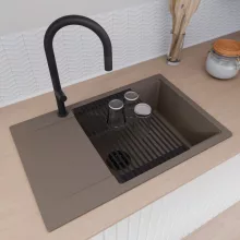 HD Onyx Tortora 78-XL egymedencés gránit mosogatótálca szett, csepegtetőtálcával, vágódeszkával, matt fekete csepegtetőráccsal, tortora színben, matt fekete leeresztő szifonnal