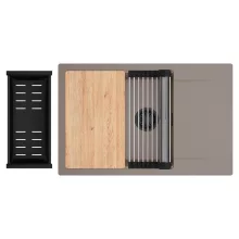 HD Onyx Tortora 78-XL egymedencés gránit mosogatótálca szett, csepegtetőtálcával, vágódeszkával, acél csepegtetőráccsal és matt fekete kosárral, tortora színben, matt fekete leeresztő szifonnal