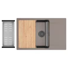 HD Onyx Tortora 78-XL egymedencés gránit mosogatótálca szett, csepegtetőtálcával, vágódeszkával, acél csepegtetőráccsal és kosárral, tortora színben, matt fekete leeresztő szifonnal