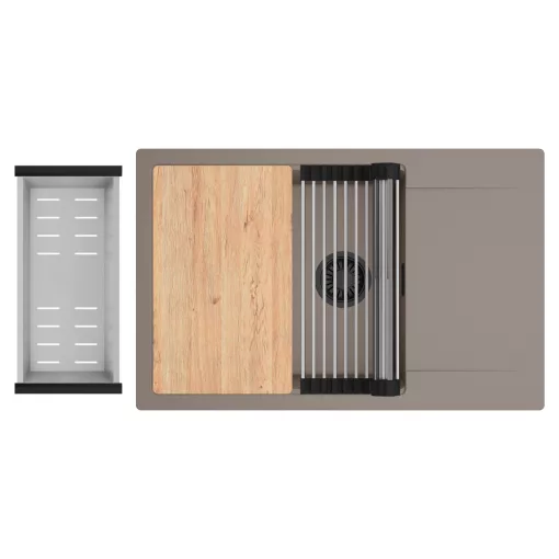 HD Onyx Tortora 78-XL egymedencés gránit mosogatótálca szett, csepegtetőtálcával, vágódeszkával, acél csepegtetőráccsal és kosárral, tortora színben, matt fekete leeresztő szifonnal