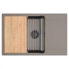 HD Onyx Tortora 78-XL egymedencés gránit mosogatótálca szett, csepegtetőtálcával, vágódeszkával, acél csepegtetőráccsal, tortora színben, matt fekete leeresztő szifonnal