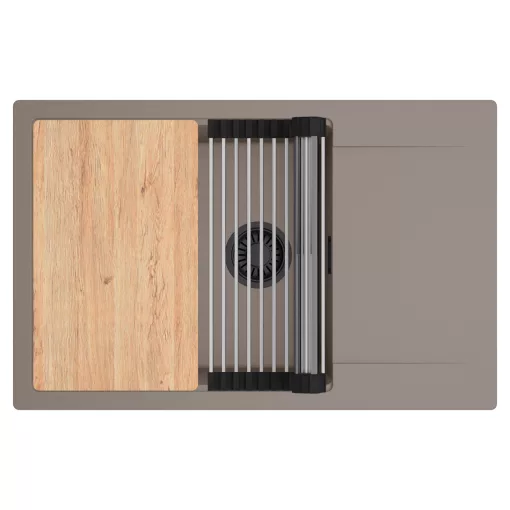 HD Onyx Tortora 78-XL egymedencés gránit mosogatótálca szett, csepegtetőtálcával, vágódeszkával, acél csepegtetőráccsal, tortora színben, matt fekete leeresztő szifonnal