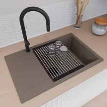 HD Onyx Tortora 78-XL egymedencés gránit mosogatótálca szett, csepegtetőtálcával, vágódeszkával, acél csepegtetőráccsal, tortora színben, matt fekete leeresztő szifonnal