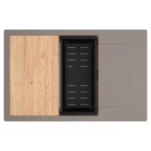 HD Onyx Tortora 78-XL egymedencés gránit mosogatótálca szett, csepegtetőtálcával, vágódeszkával, matt fekete csepegtetőkosárral, tortora színben, matt fekete leeresztő szifonnal