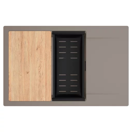 HD Onyx Tortora 78-XL egymedencés gránit mosogatótálca szett, csepegtetőtálcával, vágódeszkával, matt fekete csepegtetőkosárral, tortora színben, matt fekete leeresztő szifonnal