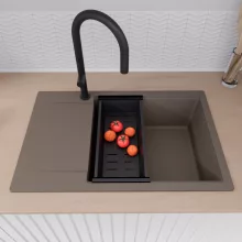 HD Onyx Tortora 78-XL egymedencés gránit mosogatótálca szett, csepegtetőtálcával, vágódeszkával, matt fekete csepegtetőkosárral, tortora színben, matt fekete leeresztő szifonnal