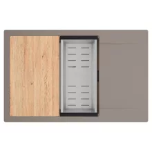 HD Onyx Tortora 78-XL egymedencés gránit mosogatótálca szett, csepegtetőtálcával, vágódeszkával, acél csepegtetőkosárral, tortora színben, matt fekete leeresztő szifonnal