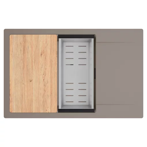 HD Onyx Tortora 78-XL egymedencés gránit mosogatótálca szett, csepegtetőtálcával, vágódeszkával, acél csepegtetőkosárral, tortora színben, matt fekete leeresztő szifonnal