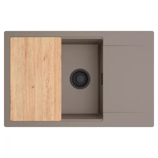 HD Onyx Tortora 78-XL egymedencés gránit mosogatótálca, vágódeszkával, tortora színben, matt fekete leeresztő szifonnal