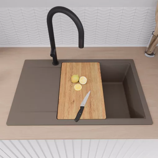 HD Onyx Tortora 78-XL egymedencés gránit mosogatótálca, vágódeszkával, tortora színben, matt fekete leeresztő szifonnal